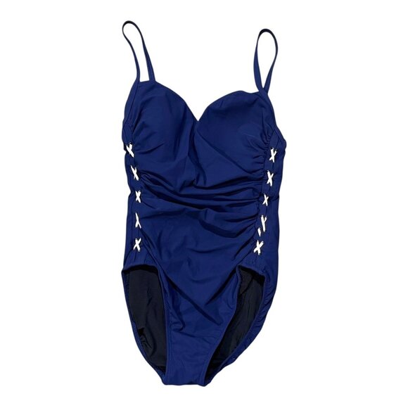 Profile Gottex Womens One-Piece Swimsuit Navy Blue Size 12 Lace Up Side Bathing - Picture 1 of 4